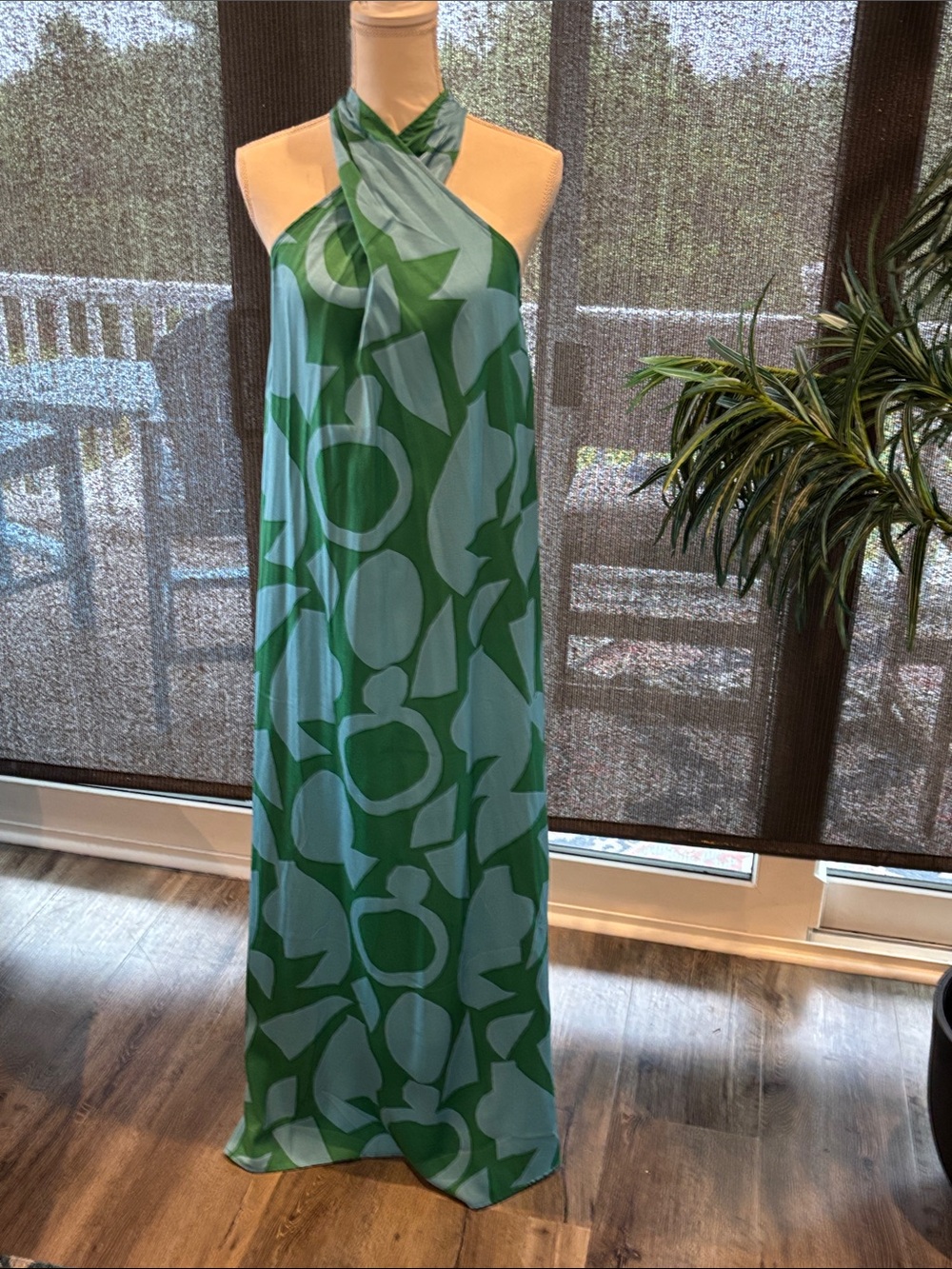 Bold Green Halter Maxi Dress with Graphic Print